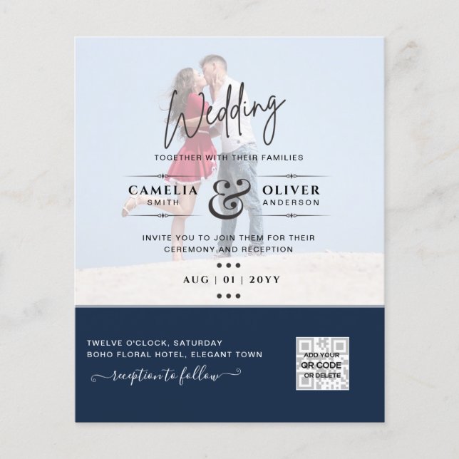 Chic Blue Photo Wedding Invite QR Code Save Date  Flyer (Front)