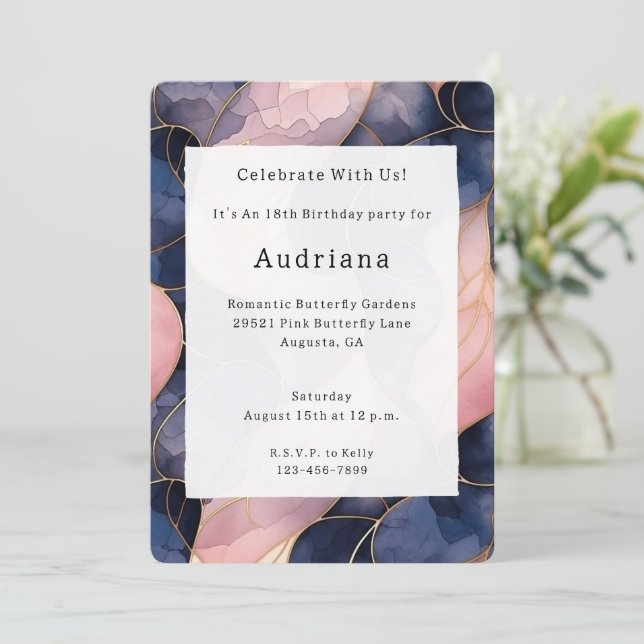 Chic Blue Pink Abstract Birthday  Invitation (Standing Front)