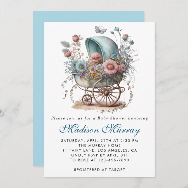 Chic Blue & Pink Floral Buggy Stroller Baby Shower Invitation (Front/Back)