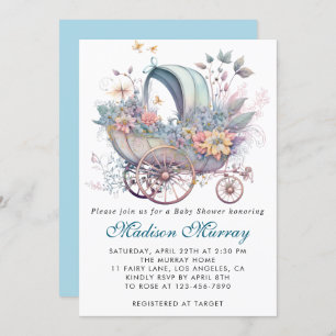 Chic Blue & Pink Floral Buggy Stroller Baby Shower Invitation