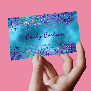 Chic Blue pink iridescent glitter Magnetic Business Card