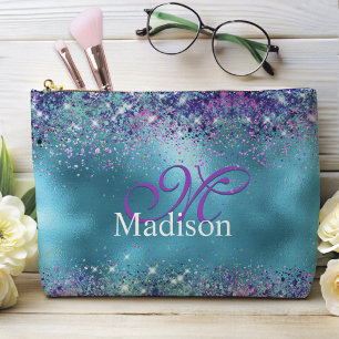 Chic Blue pink iridescent glitter monogram Accessory Pouch