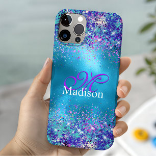 Chic Blue pink iridescent glitter monogram iPhone 11 Pro Case