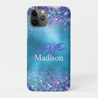 Chic Blue pink iridescent glitter monogram