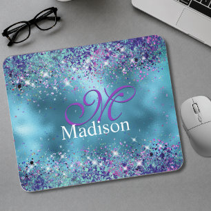 Chic Blue pink iridescent glitter monogram Mouse Pad
