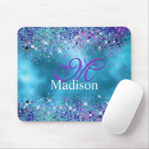 Chic Blue pink iridescent glitter monogram Mouse Pad