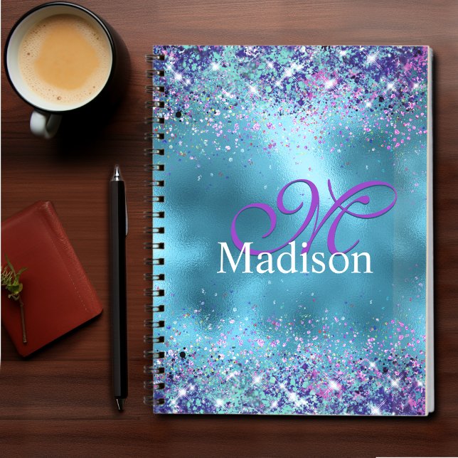 Chic Blue pink iridescent glitter monogram Notebook (Creator Uploaded)