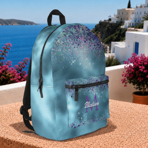 Chic Blue pink iridescent glitter monogram Printed Backpack