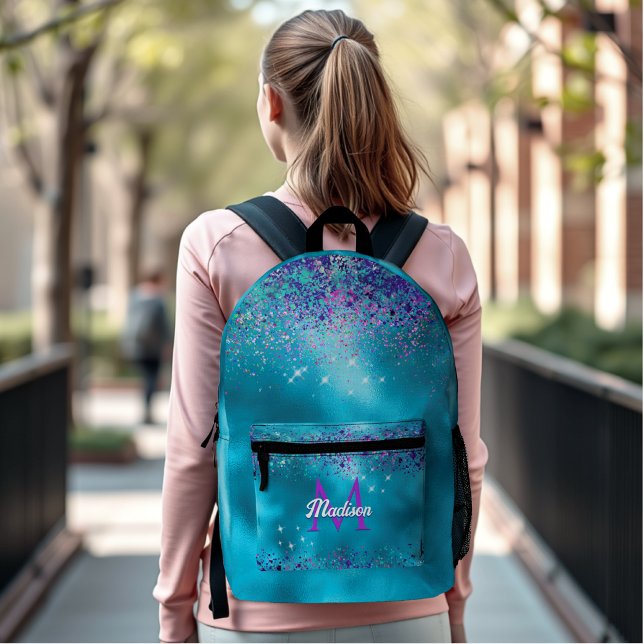 Chic Blue pink iridescent glitter monogram Printed Backpack (Creator Uploaded)