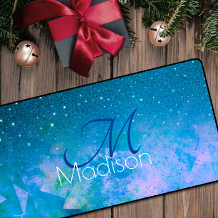 Chic blue pink ombre glitter monogram desk mat