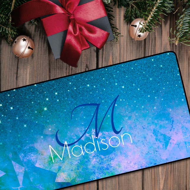 Chic blue pink ombre glitter monogram desk mat (Creator Uploaded)