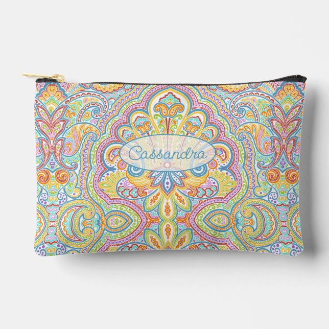 Chic Blue Pink Purple Orange Paisley Pattern Accessory Pouch (Front)