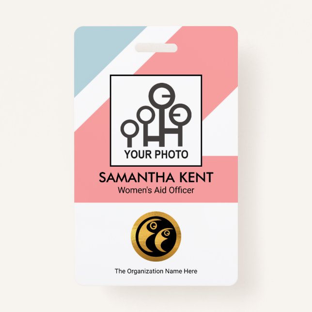 Chic Blue Pink Rectangles Medical Photo Template ID Badge (Front)