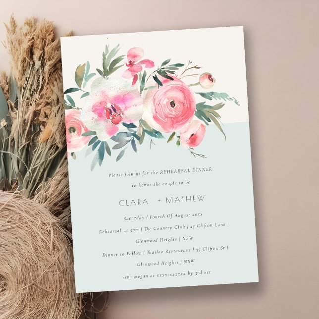 Chic Blue Pink Rose Orchid Flora Rehearsal Dinner Invitation (Creator Uploaded)