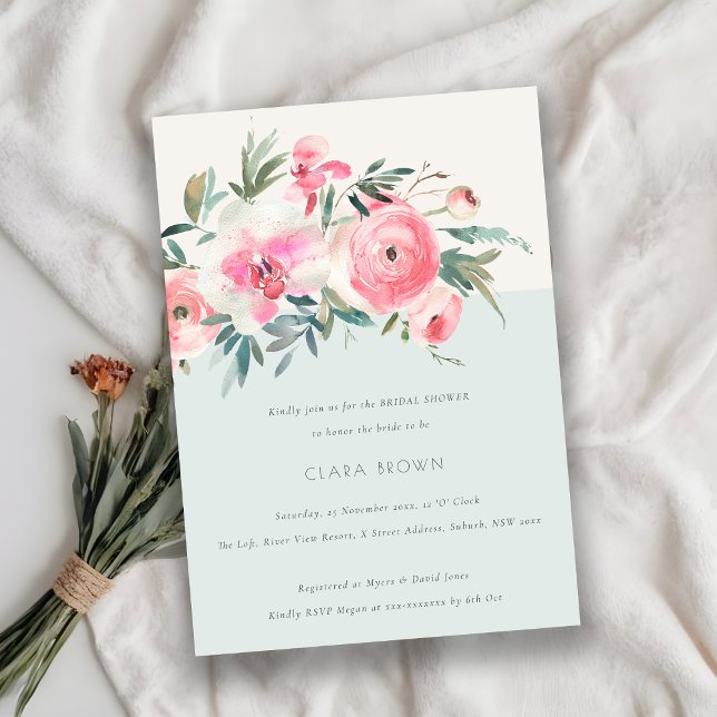 Chic Blue Pink Rose Orchid Floral Bridal Shower Invitation (Creator Uploaded)