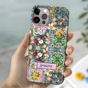 Chic blue pink sicilian citrus floral tiles iPhone 15 case