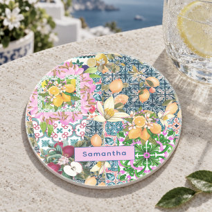 Chic blue pink sicilian citrus floral tiles coaster