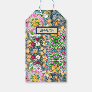 Chic blue pink sicilian citrus floral tiles dopp gift tags