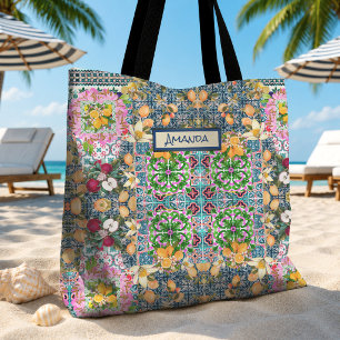 Chic blue pink sicilian citrus floral tiles dopp tote bag