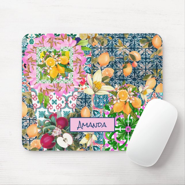 Chic blue pink sicilian citrus floral tiles mouse pad (With Mouse)