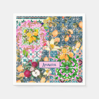 Chic blue pink sicilian citrus floral tiles