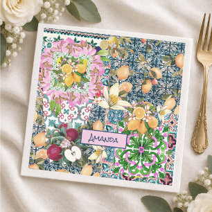 Chic blue pink sicilian citrus floral tiles napkin