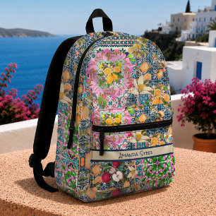Chic Blue Pink Sicilian Citrus Floral Tiles Printed Backpack