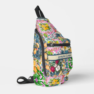 Chic blue pink sicilian citrus floral tiles  sling bag