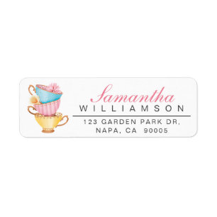 Chic Blue, Pink & Yellow Vintage Stacked Tea cups Return Address Label