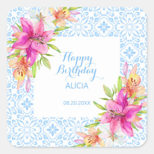 Chic Blue Portuguese Azulejo Mosaic Lily Birthday Square Sticker