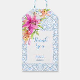 Chic Blue Portuguese Azulejo Mosaic Lily Thank You Gift Tags