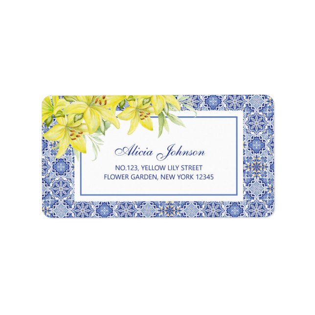 Chic Blue Portuguese Azulejo Yellow Lily Address Label (Front)