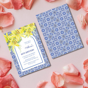 Chic Blue Portuguese Azulejo Yellow Lily Birthday Invitation