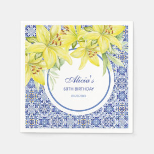 Chic Blue Portuguese Azulejo Yellow Lily Birthday Napkin