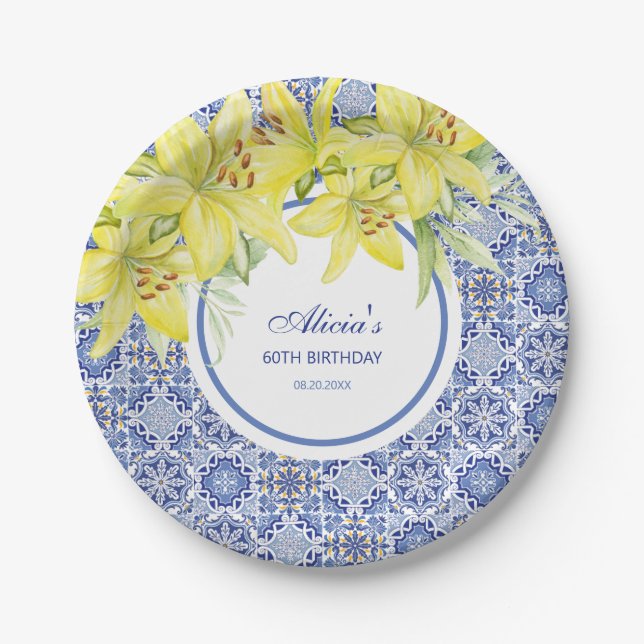Chic Blue Portuguese Azulejo Yellow Lily Birthday Paper Plate (Front)