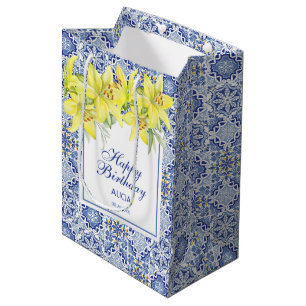 Chic Blue Portuguese Azulejo Yellow Lily  Medium Gift Bag