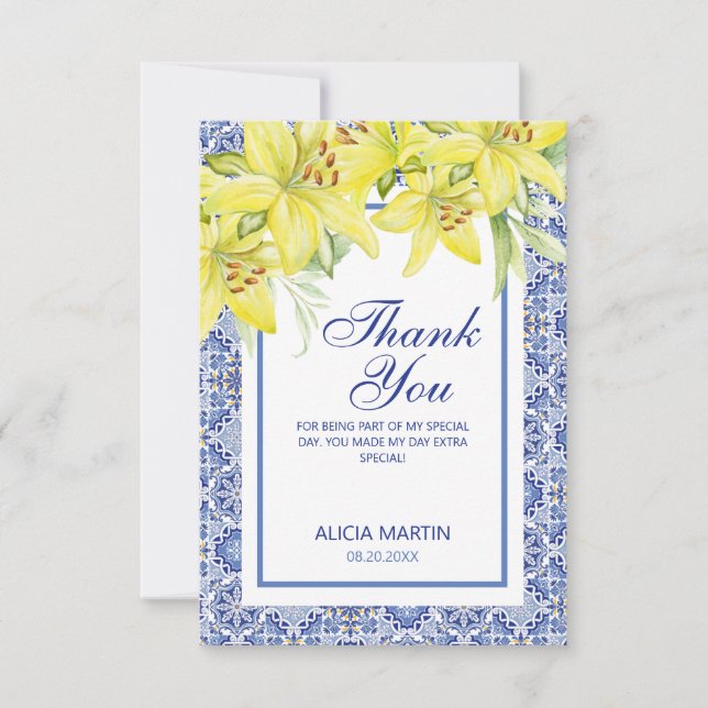 Chic Blue Portuguese Azulejo Yellow Lily Thank You (Front)