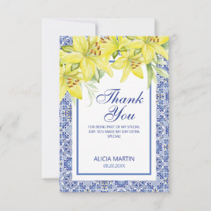 Chic Blue Portuguese Azulejo Yellow Lily Thank You