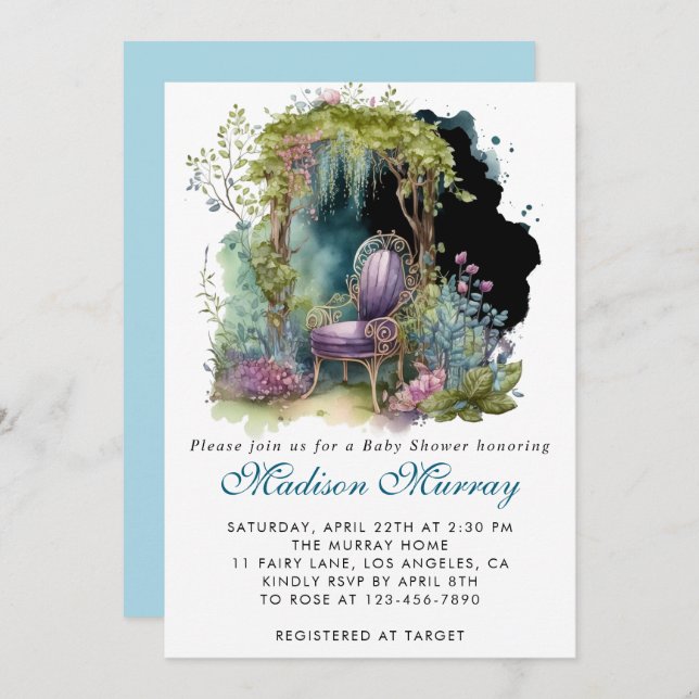 Chic Blue & Purple Floral Garden Chair Baby Shower Invitation (Front/Back)
