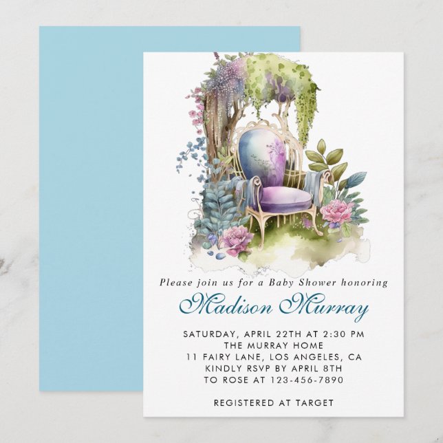 Chic Blue & Purple Floral Garden Chair Baby Shower Invitation (Front/Back)