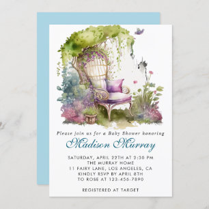 Chic Blue & Purple Floral Garden Chair Baby Shower Invitation