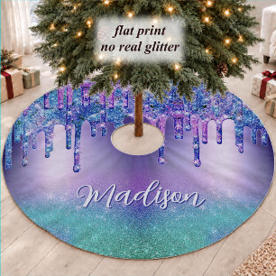 Chic Blue Purple Glitter Ombre Monogram Brushed Polyester Tree Skirt