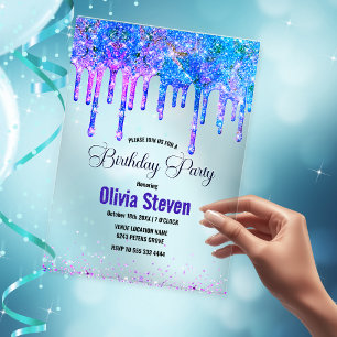Chic blue purple ombre dripping glitter birthday  acrylic invitations