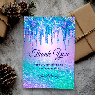 Chic blue purple ombre dripping glitter thank you card