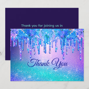 Chic blue purple ombre dripping glitter thank you card