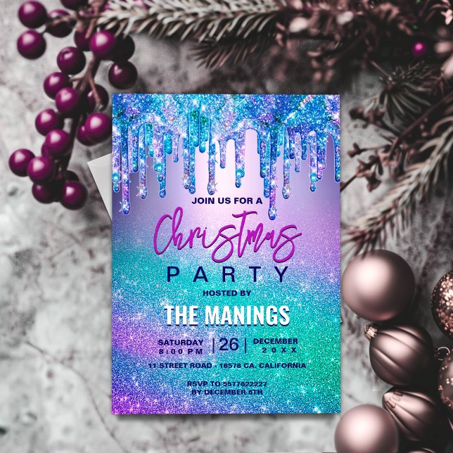 Chic blue purple ombre glitter drips Christmas  Invitation (Creator Uploaded)