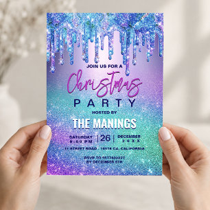 Chic blue purple ombre glitter drips Christmas Invitation