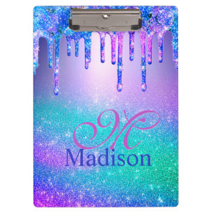 Chic blue purple ombre glitter drips monogram clipboard