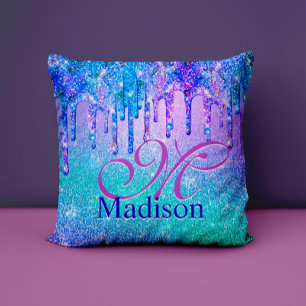 Chic blue purple ombre glitter drips monogram cushion