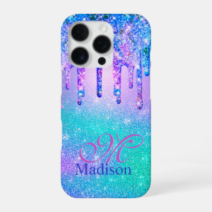Chic blue purple ombre glitter drips monogram iPhone 16 pro case